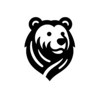 Bold black and white illustration of a bears head, designed in a minimalist, symmetrical style with a friendly, approachable expression, set against a clean white background. vector