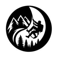 Silhouette illustration of a mountaineer climbing, encircled by mountains and forest in black and white, in an active outdoor scene, adventure vector