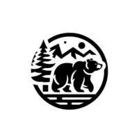 Stylized Black and White Circular Depicting a Bear in a Mountainous Forest Scene. The image features a bear walking in a mountainous forest setting with mountains, a sun, and a tree inside the ci vector