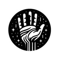 Symbolic of a stylized white open hand with textured palm lines and radiating veins, set against a black circular backdrop with stars and cosmic dots, offering a sense of wonder and openness. vector