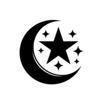 Black and white art Crescent moon embracing a large star surrounded by smaller stars, minimalist on a white background. vector