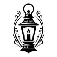 Intricate black and white illustration of a vintage lantern, candle lit, with ornate decorative flourishes, set against a white backdrop. vector