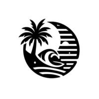 Black and White Minimalist Palm Tree, Crescent, and Wave in a Coastal Paradise. vector