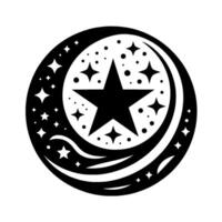 Black White Celestial Illustration Crescent Moon with Star in Center, surrounded by Starry Embellishments, within a Circular Frame. vector