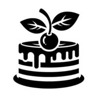 Black and White Illustration of a Layered Cake with Chocolate Drip, Topped by Cherry and Leaves, Isolated on White. vector