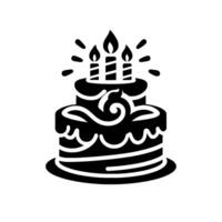 Black and White of a TwoTier Birthday Cake with Three Lit Candles, Isolated on White, Simple and Festive. vector