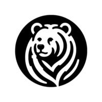 Stylized monochrome illustration of a bear head silhouette within a black circular frame, showcasing a minimalistic and bold contrast. vector