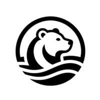 Simplistic Polar Bear White Bear Head in Profile, Encircled by a Black Ring and Waves, on a Clean White Background. vector