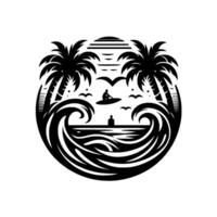 Silhouette of a Tropical Beach Scene with Palm Trees, Surfer, Waves, and Sunset, enclosed within a circular frame. vector