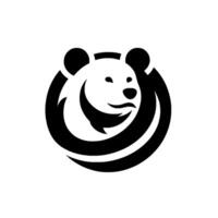 Bold black and white featuring a smiling bear head encompassed within a stylized circular . vector