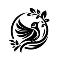Stylized Black Bird Silhouette with Outspread Wing Perched on Branch Surrounded by a Circular Frame and Leaves on White Background. vector