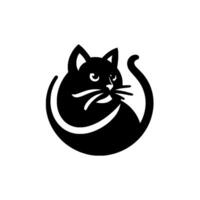 Minimalist Black Cat , Silhouette, Circular Composition, Whiskers, Tail Forming Circle, Bold on White Background, Abstract Animal, Eye Contact. vector
