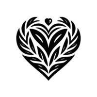 Black and white minimalist heart emblem, comprised of stylized leaf and feather shapes, adorned with a small heart atop, on white background. vector