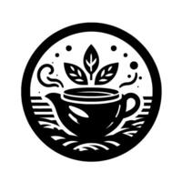 Artistic black and white round featuring a stylized teapot with steaming tea, adorned with leaves, within a circular frame. vector