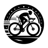 Dynamic black and white cycling silhouette within a circular frame, showcasing speed and athletic prowess. vector