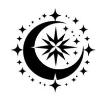 Celestial Silhouette Black and white circular featuring crescent moon framing a starburst, surrounded by stars and dots. vector