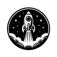 A stylized, black and white rocket ship taking off into a starfilled night sky within a circular frame, amidst smoke and clouds. vector