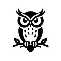A stylized black and white illustration of an owl perched on a tree branch, featuring bold lines and a minimalist aesthetic. vector