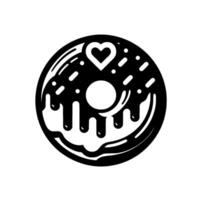 Black and white of a glazed donut with a heart on top, melting icing effect, and white sprinkles, on a white background. vector