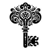 Intricate Black and White Vintage Key with Decorative Ornaments and Floral Details on a White Backdrop vector