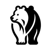 A stylized black and white illustration of a standing bear facing left, with a minimalist and a happy expression, set against a plain background. vector