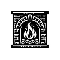 Stylized, bold black and white illustration of a fireplace with a burning fire, radiating warmth and a cozy ambiance, in an iconographic style. vector