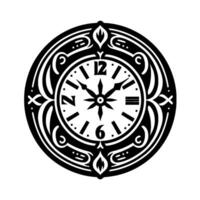 Intricate Black and White Clock Illustration with Ornamental Elements and Starburst Center vector