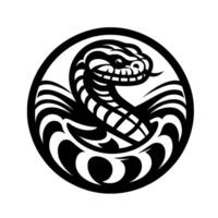 A stylized, circular black and white of a coiled cobra with a menacing expression, designed with bold lines and contrasting patterns within a border. vector