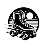 Black and white illustration of a retro roller skate with speed lines, moon, and stars within a circular frame, evoking vintage fun and movement. vector
