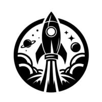 Black and white illustration of a rocket launching into space, with planets, stars, and stylized clouds, all framed in a circle. vector