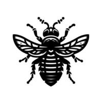 Bold, stylized, black and white illustration of a bee in flight, showcasing intricate wing details and geometric body lines. vector