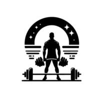 Silhouette of a strong athlete with a barbell framed by a celestial arch in a minimalist, stylized, black and white illustration. vector