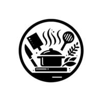 Circular black and white featuring cooking utensils and ingredients, depicting culinary preparation with steam, knife, cutting board, ladle, and herb. vector