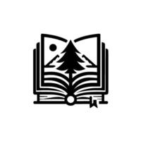 Minimalist Open Book with Pine Tree, Mountains, and Sun. Symbol of Nature and Knowledge in Black White. vector
