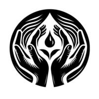 Black and White Depicting Hands Protecting Water Drop and Plant Symbolizing Conservation and Growth within a Circle. vector
