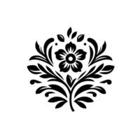 Elegant Black and White Floral Damask Pattern, Centered, Symmetrical, with Leaves and Swirls on White Background. vector