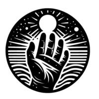 Stylized hand reaching towards a radiant sun within a celestial, circular emblem, evoking spirituality and cosmic connection. vector
