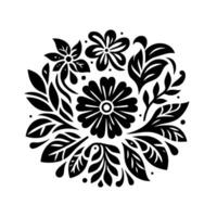 Symmetrical Black and White Floral A circular composition featuring stylized flowers, leaves, and dots, creating a minimalist and elegant aesthetic on a white background. vector