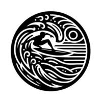 Silhouette of Surfer Riding a Wave within a Circular, Modern Black and White , Featuring Ocean Details and a SunsetSunrise. vector