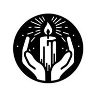 Black and White Illustration of Lit Candle Protected in Hands, Symbolic of Light and Warmth, Within Circle. vector