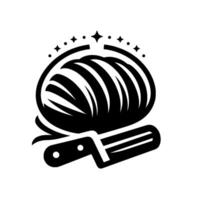Abstract black and white featuring a stylized bread loaf and a knife, with stars around. vector