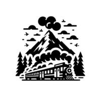 Black and white art of a vintage steam train, traveling near a snowy mountain range, surrounded by clouds and pine trees, with flying birds. vector