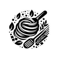 Circular blackandwhite illustration of spaghetti nest with spoon and fork, surrounded by leaves, dots and stars, food . vector
