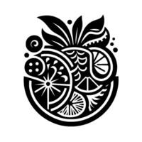 Bold Black and White Citrus Fruit Abstract Composition with Sliced Lemons, Limes, Leaves, and Decorative Elements. vector