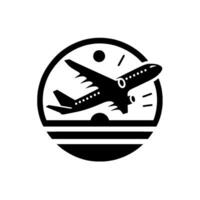 Black and white circular of an airplane taking off, stylized with lines and shapes, representing flight and travel. vector