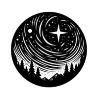 Black and white circular illustration of a starry night sky with swirling patterns, a central star, silhouetted trees, and mountains at the bottom. vector