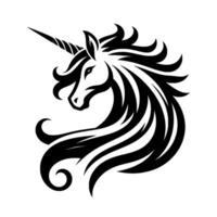 A striking, monochromatic illustration of a unicorns head and flowing mane, showcasing elegant lines on a white background. vector