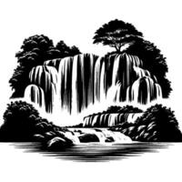 Elegant black and white illustration of a cascading waterfall surrounded by lush foliage and a serene, reflective pool. vector