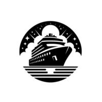 Modern Cruise Ship in a Circular Frame with Stars and Clouds, Black and White Minimalist Style. vector