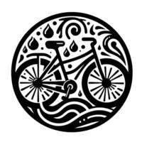 Black and white artistic bicycle with rain and water elements in a circular composition. vector